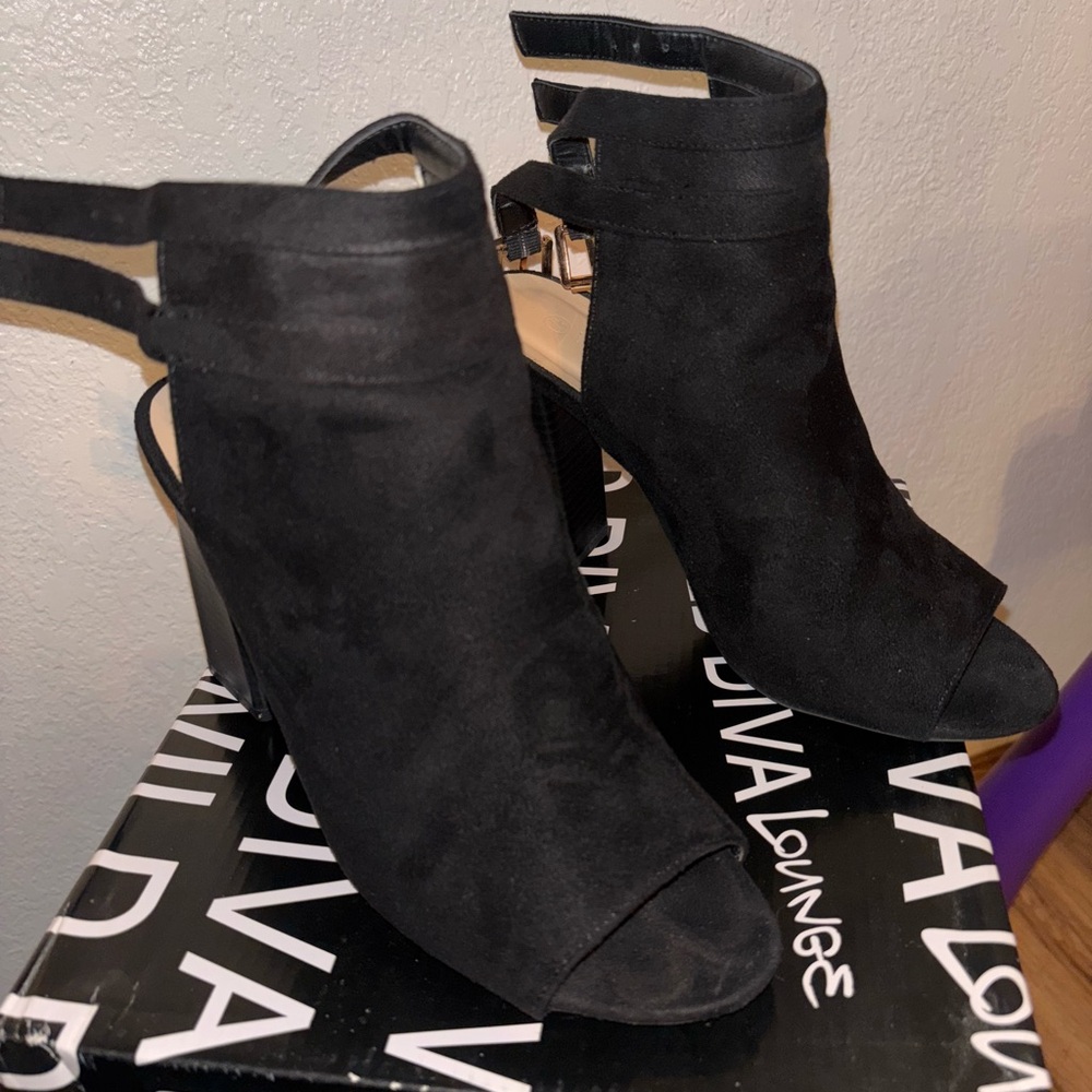 Black suede open toed heeled booties